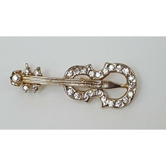 Violin Pin Gold Tone Rhinestone Jewels Orchestra Music Lover Brooch Lapel Pin - Picture 2 of 10